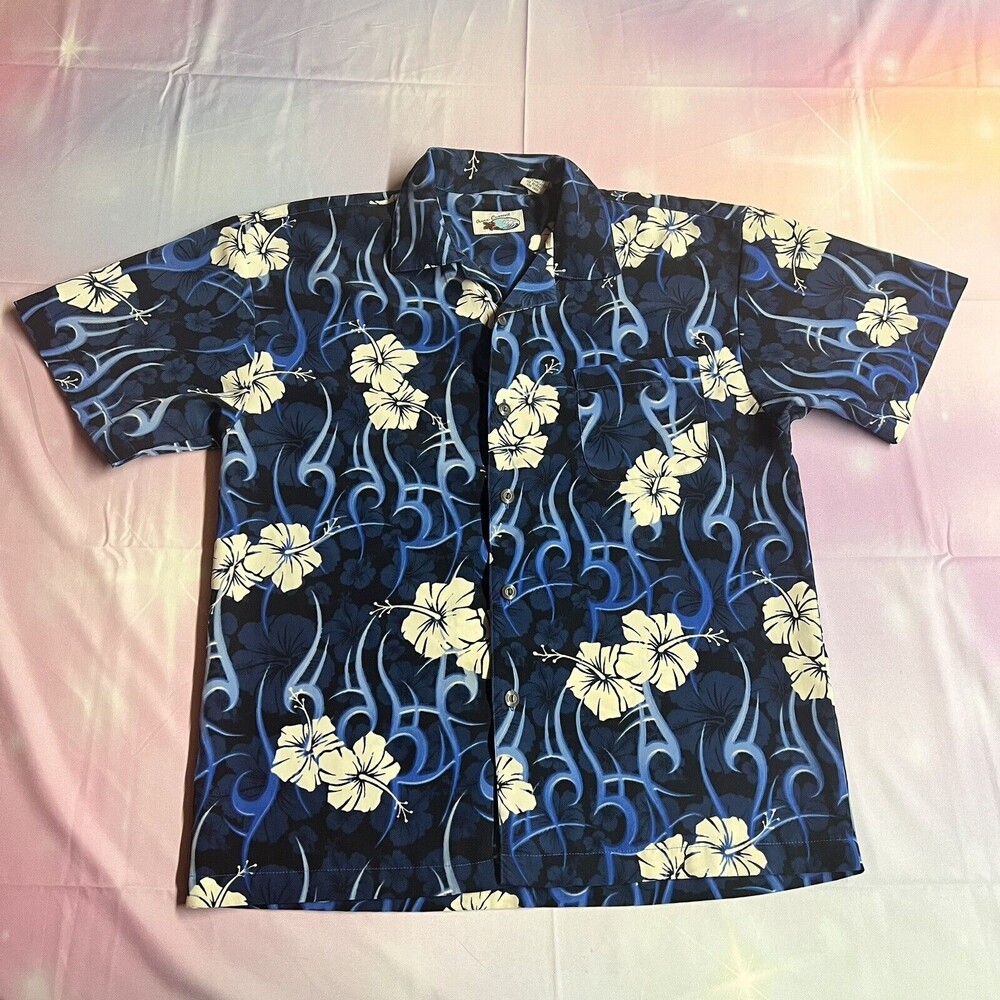 Ocean Current Original Hawaiian Button Down Shirt YL or WS Blue Hibiscus